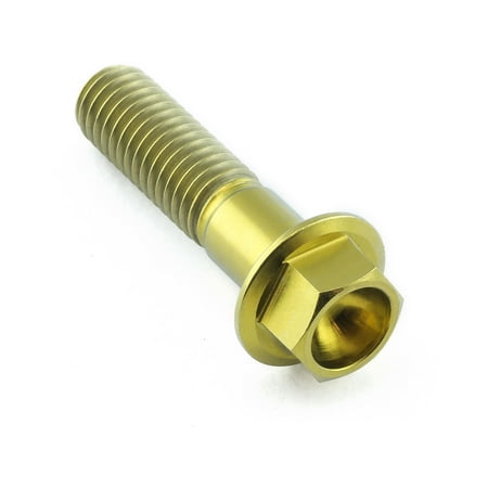 Flanged hex head titanium bolt in gold, measuring M8 x 1.25mm x 32mm, featuring a smooth, shiny finish and distinct threading along the shaft.