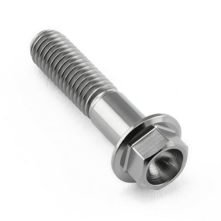 Flanged hex head titanium bolt in natural finish, M8 size, 1.25mm thread pitch, 35mm length, featuring a smooth, shiny surface and a hexagonal head for easy installation.