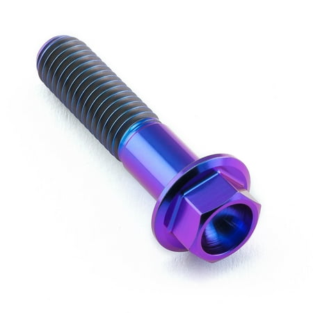 Flanged hex head titanium bolt in vibrant purple, measuring M8 x 1.25mm x 35mm, featuring a smooth, shiny finish and distinct threading along the shaft.