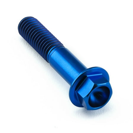Flanged hex head titanium bolt in vibrant blue, measuring M8 x 1.25mm x 40mm, featuring a smooth finish and deep socket for secure fastening.