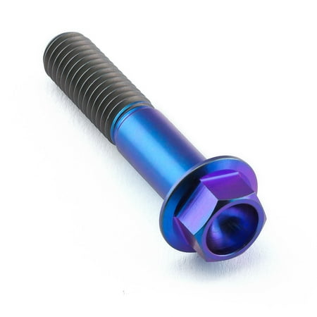 Flanged hex head titanium bolt in purple, measuring M8 x 1.25mm x 40mm, featuring a smooth, shiny finish and a hexagonal head for easy installation.