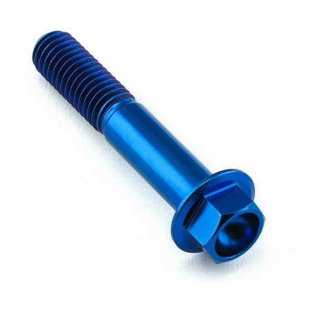 Flanged hex head titanium bolt in vibrant blue, measuring M8 x 1.25mm x 45mm, featuring a smooth shaft and a hexagonal socket for easy installation.