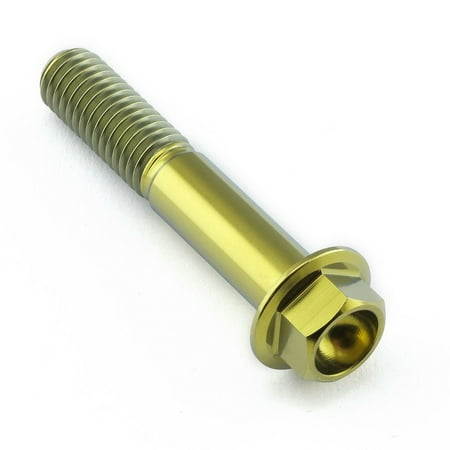 Gold titanium flanged hex head bolt, M8 x 1.25mm x 45mm, featuring a smooth shaft and textured hexagonal head for enhanced grip and durability.