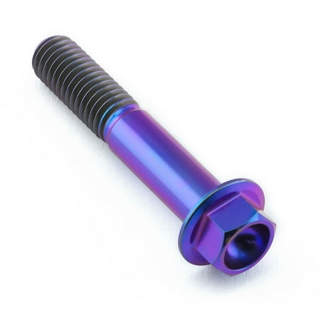 Flanged hex head titanium bolt in vibrant purple, measuring M8 x 1.25mm x 45mm, featuring a smooth finish and distinct threading.