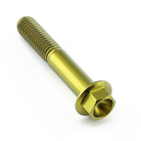 Gold titanium flanged hex head bolt, measuring M8 x 1.25mm x 47mm, featuring a smooth shaft and hexagonal drive for easy installation.
