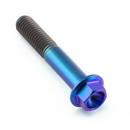 Flanged hex head titanium bolt in purple and blue gradient, measuring M8 x 1.25mm x 47mm, featuring a smooth shaft and textured threads for secure fastening.