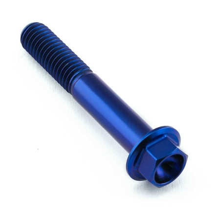 Flanged hex head titanium bolt in vibrant blue, measuring M8 x 1.25mm x 50mm, featuring a smooth, polished finish and distinct threading for secure fastening.