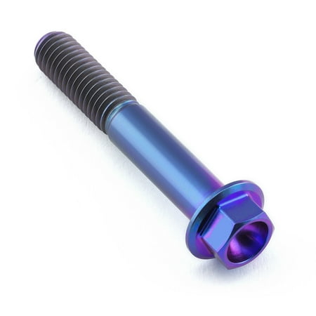 Flanged hex head titanium bolt in purple, measuring M8 x 1.25mm x 50mm, featuring a smooth, shiny finish and distinct threading along the shaft.