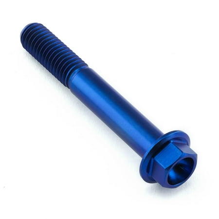 Flanged hex head titanium bolt in vibrant blue, measuring M8 x 1.25mm x 55mm, featuring a smooth shaft and ridged threading for secure fastening.