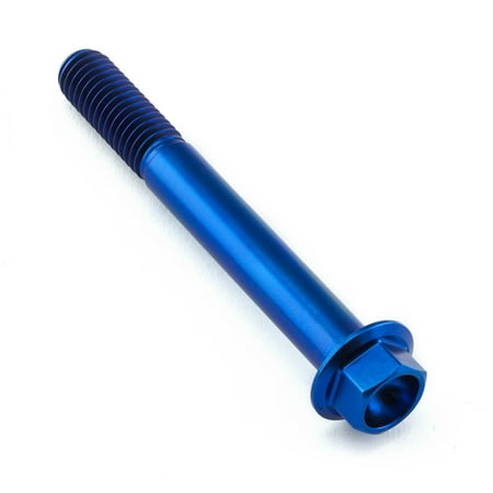 Flanged hex head titanium bolt in vibrant blue, measuring M8 x 1.25mm x 65mm with a 25mm flange, featuring a smooth finish and threaded shaft.