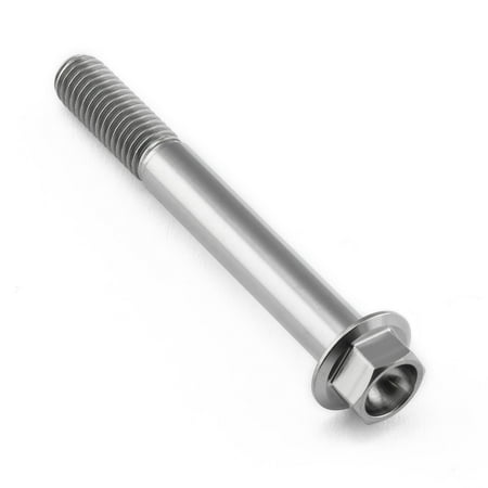 Flanged hex head titanium bolt in natural finish, measuring M8 x 1.25mm x 65mm with a 25mm length, featuring a smooth shaft and hexagonal head for secure fastening.