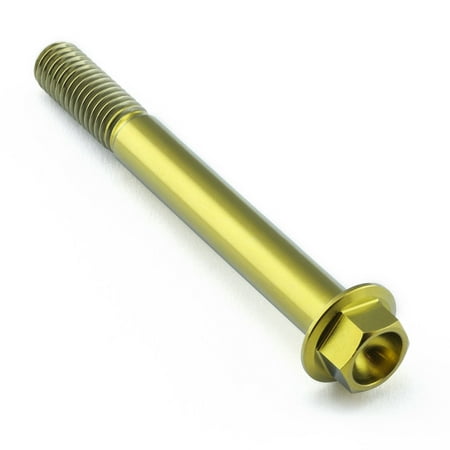 Flanged hex head titanium bolt in gold, measuring M8 x 1.25mm x 70mm with a 25mm length, showcasing a sleek, shiny finish and threaded shaft.