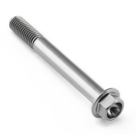 Flanged hex head titanium bolt in natural finish, measuring M8 x 1.25mm x 70mm with a 25mm flange, featuring a smooth, shiny surface and threaded shaft.
