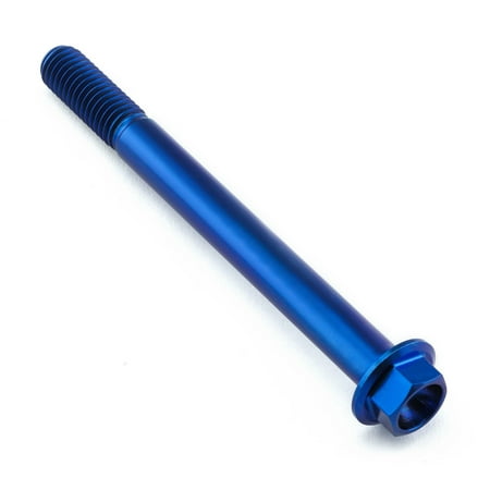 Flanged hex head titanium bolt in vibrant blue, measuring M8 x 1.25mm x 85mm, featuring a smooth shaft and hexagonal head for easy installation.