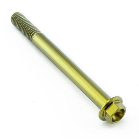 Flanged hex head titanium bolt in gold, measuring M8 x 1.25mm x 85mm, featuring a smooth shaft and threaded end for secure fastening.