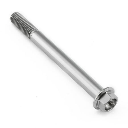 Flanged hex head titanium bolt in natural finish, measuring M8 x 1.25mm x 85mm with a 25mm flange, featuring a smooth, shiny surface and threaded shaft.