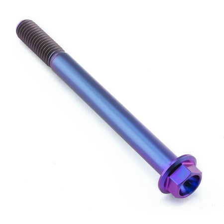 Flanged hex head titanium bolt in purple, measuring M8 x 1.25mm x 85mm, featuring a smooth, shiny finish and distinct threaded shaft for secure fastening.