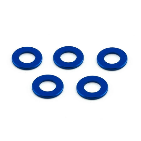 Five blue flat alloy washers, each measuring M5x10mm, featuring a smooth finish and circular shape, arranged in a neat layout.