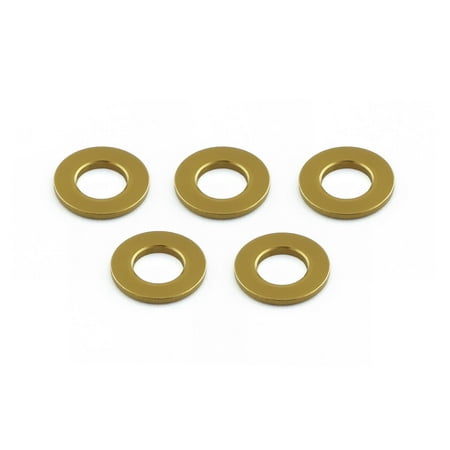 Five gold flat alloy washers, each measuring M5x10mm, showcasing a smooth, shiny surface and a central hole for fastening applications.