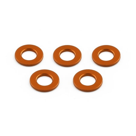 Five flat alloy washers in vibrant orange, each measuring M5x10mm, showcasing a smooth finish and circular shape, designed for durability and precision.