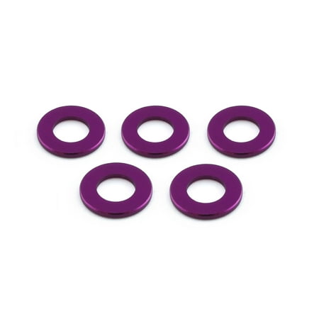 Five purple flat alloy washers, each measuring M5x10mm, featuring a smooth, shiny finish and a central hole, ideal for various fastening applications.