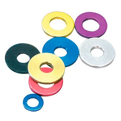 Flat alloy washers in various colors including red, blue, yellow, purple, and silver, showcasing a smooth surface and central hole, packaged as a set of five M5x10mm washers.