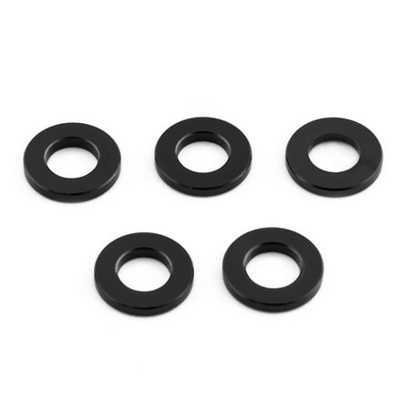 Five black flat alloy washers, each measuring M6x12mm, featuring a smooth finish and circular design, packaged together by Pro-Bolt.