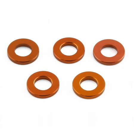 Five flat alloy washers in vibrant orange, each measuring M6x12mm, featuring a smooth finish and a central hole, designed for durability and precision in fastening applications.