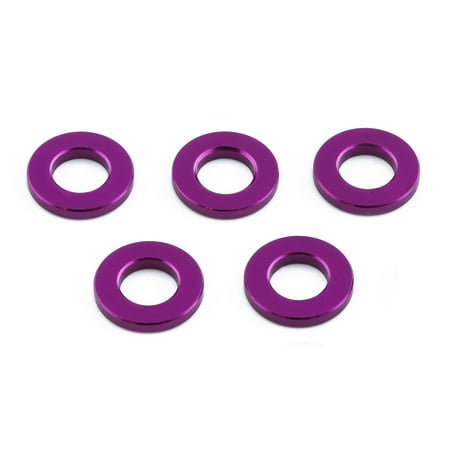 Five M6x12mm flat alloy washers in a vibrant purple color, featuring a smooth, shiny finish, designed for durability and precision in various applications.