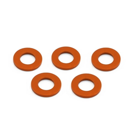 Five flat alloy washers in vibrant orange, each measuring M8x16mm, designed for durability and precision in various applications.