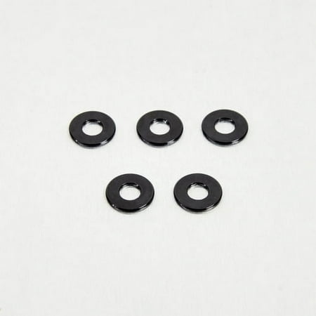 Five black flat alloy washers, each measuring M8x20mm, featuring a smooth finish and circular shape, designed for use in various fastening applications.
