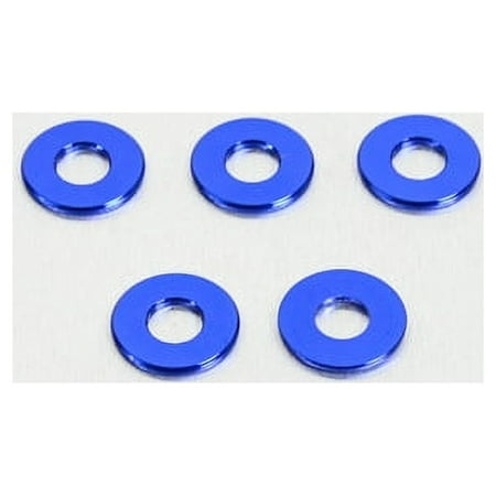 Five blue flat alloy washers, each measuring M8x20mm, featuring a smooth finish and a central hole, ideal for various fastening applications.