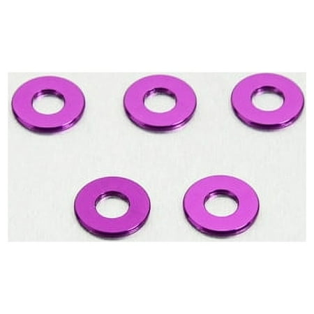 Set of five M8x20mm flat alloy washers in vibrant purple, featuring a smooth finish and a central hole for secure fastening.