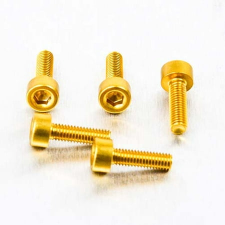 Five gold alloy parallel Allen head bolts, each measuring M3 x 0.50mm x 10mm, showcasing a shiny finish and hexagonal socket for easy installation.