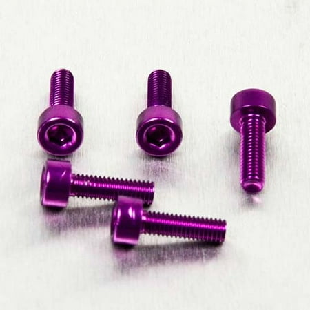 Five purple alloy bolts with parallel Allen heads, measuring M3 x 0.50mm x 10mm, featuring a shiny finish and hexagonal recess for easy installation.
