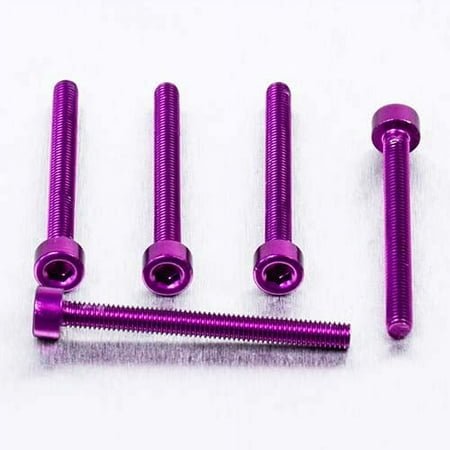Five purple alloy parallel Allen head bolts, each measuring M3 x 0.50mm x 30mm, showcasing a shiny finish and threaded design for secure fastening.