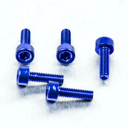 Five blue alloy parallel Allen head bolts, each measuring M3 x 0.50mm x 8mm, showcasing a shiny finish and hexagonal socket for easy installation.
