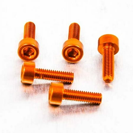 Five orange alloy bolts with parallel Allen heads, measuring M3 x 0.50mm x 8mm, showcasing a shiny finish and hexagonal sockets for tool use.