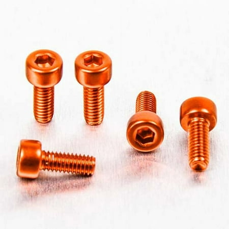 Five orange alloy parallel Allen head bolts, M4 x 0.70mm x 10mm, featuring a hexagonal socket and a smooth finish, arranged on a metallic surface.