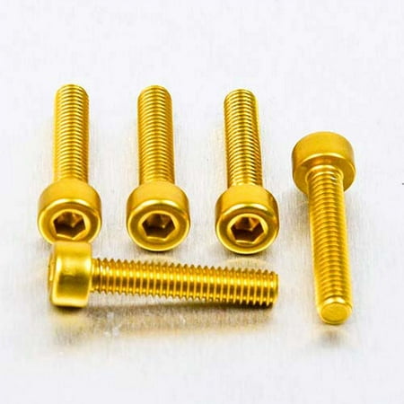 Five gold alloy parallel Allen head bolts, each measuring M4 x 0.70mm x 20mm, featuring a hexagonal socket and a shiny finish, arranged in a row.