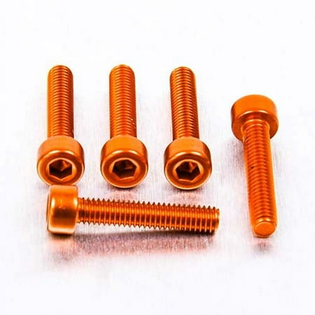 Five orange alloy bolts with parallel Allen heads, measuring M4 x 0.70mm x 20mm, showcasing a shiny finish and hexagonal sockets for easy installation.