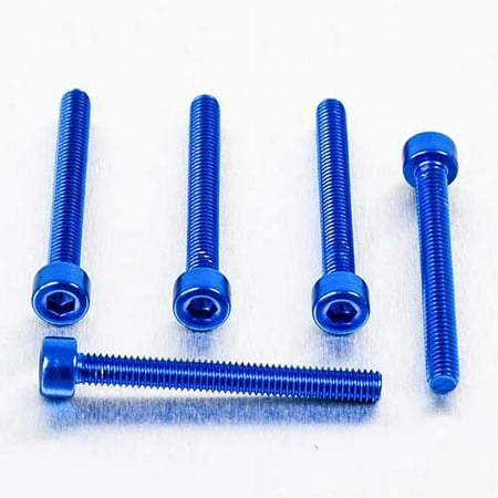 Five blue alloy parallel Allen head bolts, each measuring M4 x 0.70mm x 35mm, showcasing a shiny finish and hexagonal socket for easy installation.