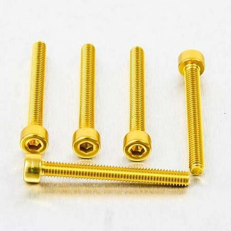 Five gold alloy bolts with parallel Allen heads, measuring M4 x 0.70mm x 35mm, showcasing a shiny finish and hexagonal recess for easy installation.
