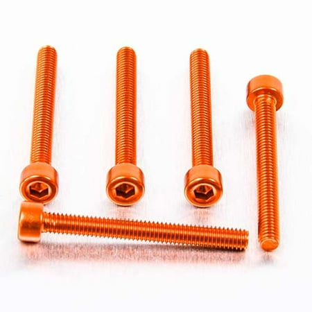 Five orange alloy parallel Allen head bolts, measuring M4 x 0.70mm x 35mm, showcasing a shiny finish and hexagonal socket for easy installation.