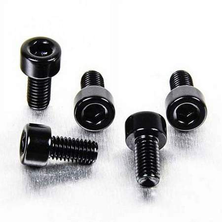 Black alloy parallel Allen head bolts in a pack of five, each measuring M5 x 0.80mm x 10mm, showcasing a smooth finish and hexagonal recess for easy installation.