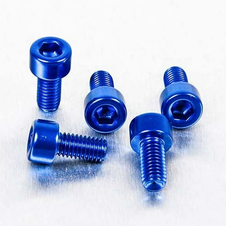Five blue alloy parallel Allen head bolts, each measuring M5 x 0.80mm x 10mm, showcasing a shiny finish and hexagonal socket for easy installation.