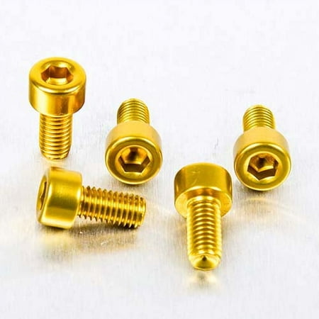 Five gold alloy bolts with a parallel Allen head design, measuring M5 x 0.80mm x 10mm, showcasing a shiny metallic finish.