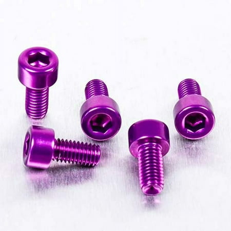 Five purple alloy parallel Allen head bolts, each measuring M5 X 0.80mm X 10mm, showcasing a shiny finish and hexagonal socket for easy installation.