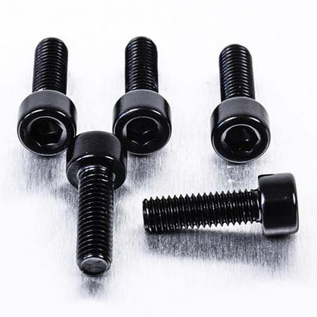 Five black alloy bolts with parallel Allen heads, measuring M5 x 0.80mm x 16mm, showcasing a sleek finish and durable design, ideal for various applications.