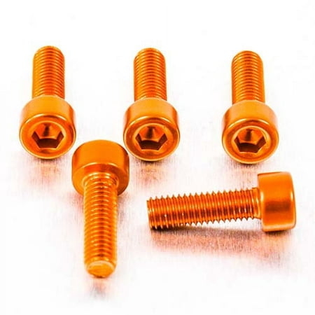 Five orange alloy parallel Allen head bolts, each measuring M5 x 0.80mm x 16mm, showcasing a shiny finish and hexagonal sockets for easy installation.